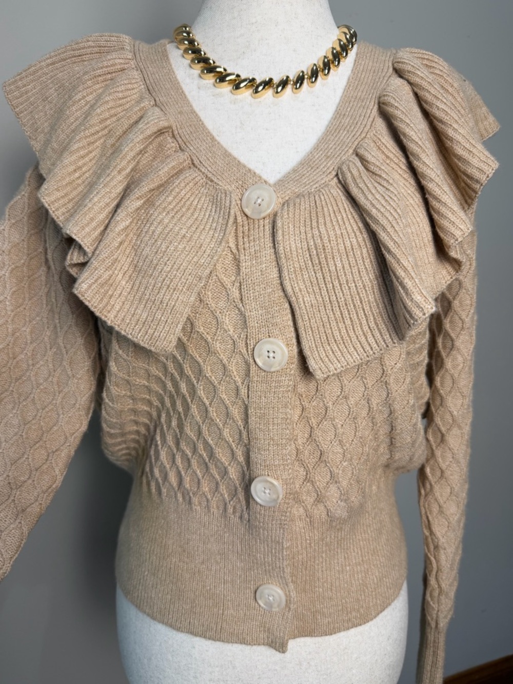 Marc New York Ruffled Cardigan Sweater Tan Heather Latte Size M NWT